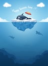 Orca or killer whale sleeping on the iceberg with above and underwater view. Vector illustration. Royalty Free Stock Photo